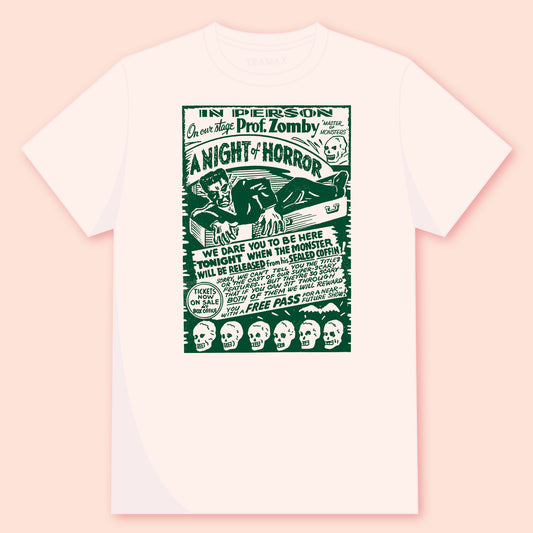 Camiseta Vintage White unisex con diseño de poster vintage horror. 100% algodón orgánico OEKO-TEX®.