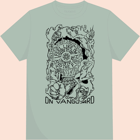 Camiseta verde Aloe con cartelde la banda Country Joe & The Fish serigrafiada en algodón orgánico GOTS.