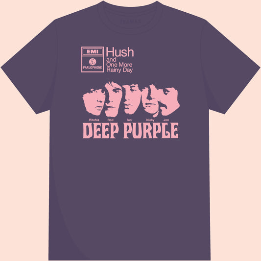 Camiseta violeta Indigo Hush de la banda Deep Purple serigrafiada en algodón orgánico GOTS.